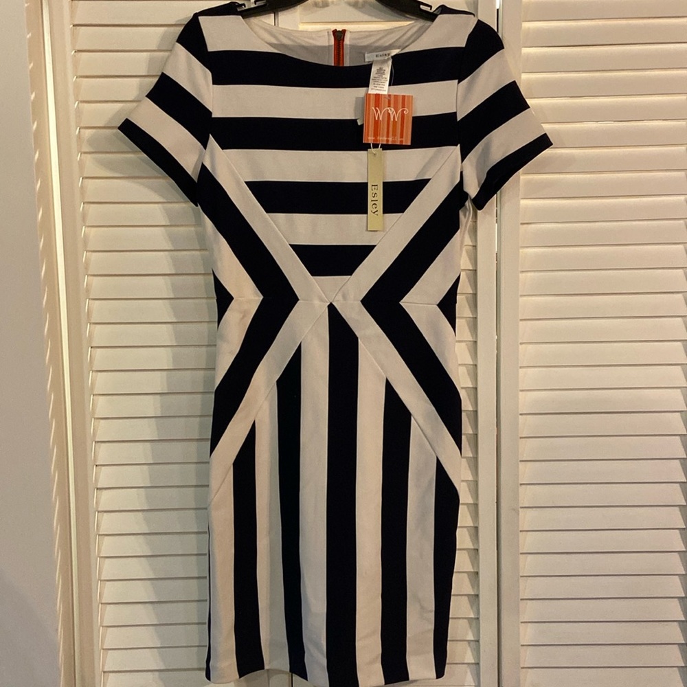 Esley dark navy and white medium striped dress